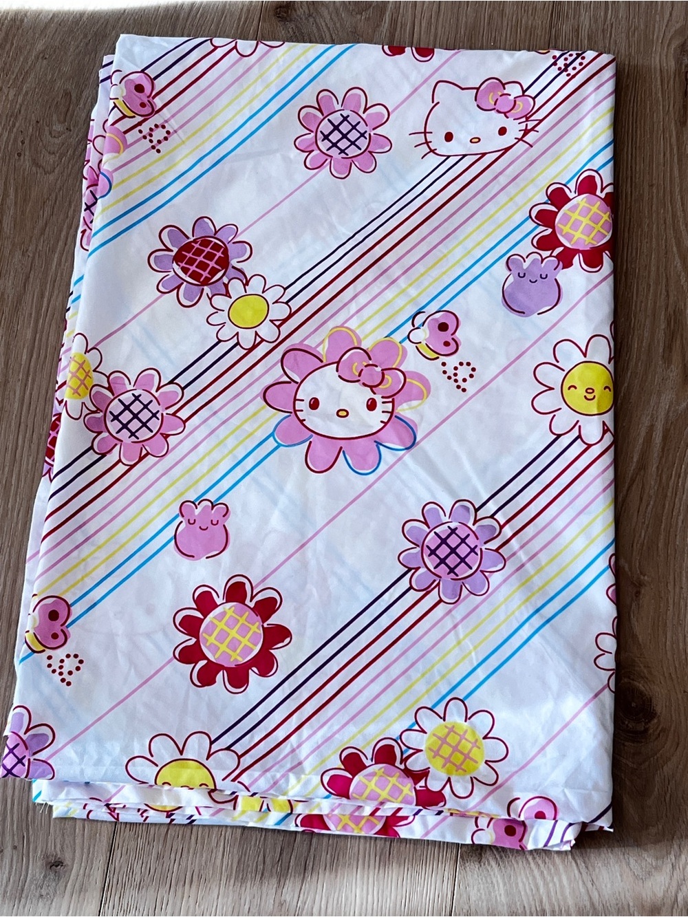 Hello Kitty Floral Stripe Twin Flat Sheet - Pink, Yellow & Blue